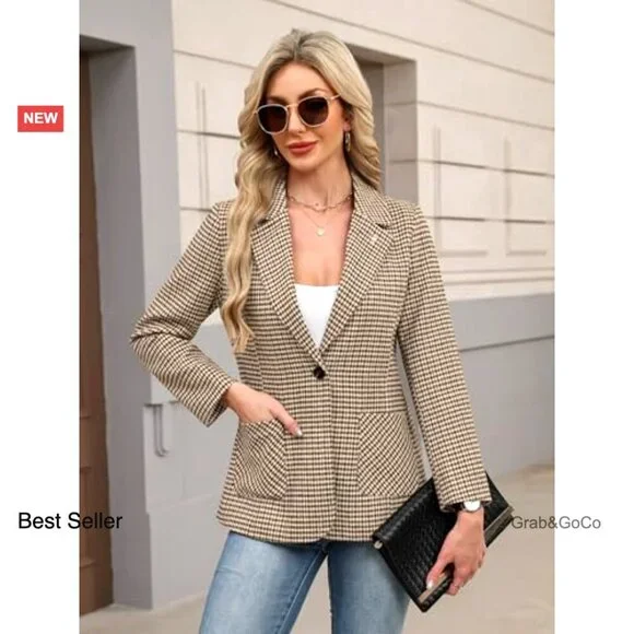 Plaid Blazer Embroidered Collar Houndstooth Business Casual Office Jacket - Picture 3 of 7